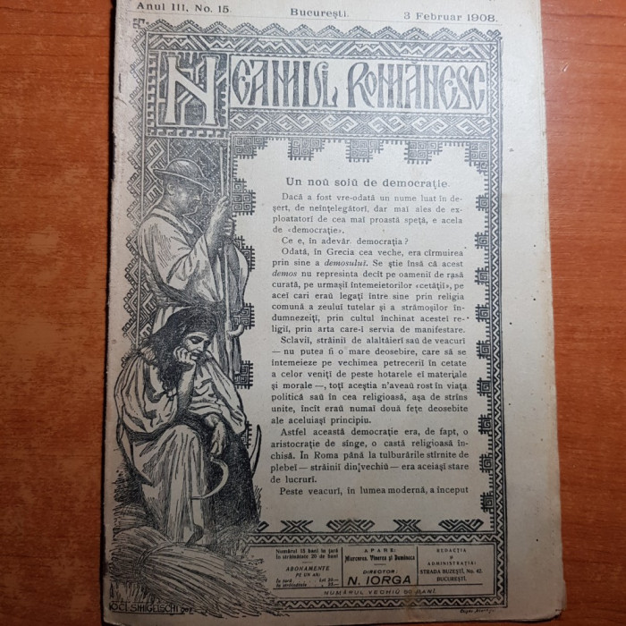 neamul romanesc 3 februarie 1908-art. &quot;un nou soi de democratie &quot; de n. iorga