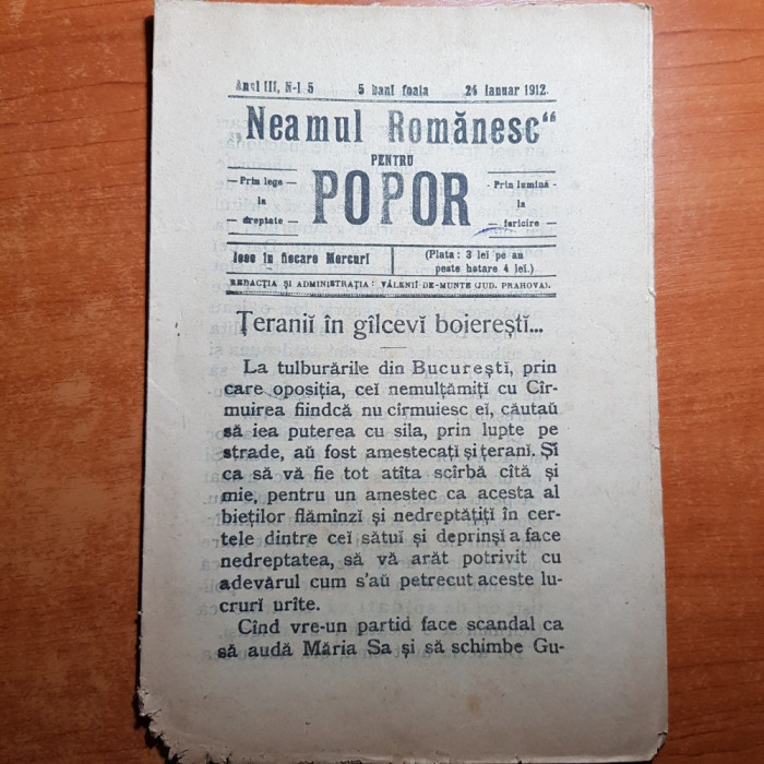 neamul romanesc pentru popor 26 ianuarie 1912-art. taranii in galcevi boieresti