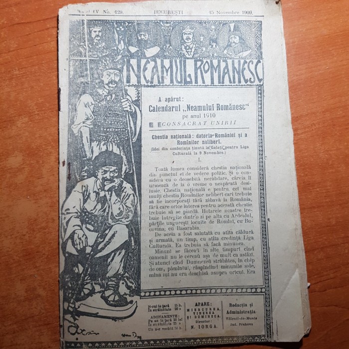 neamul romanesc 15 noiembrie 1909-art. datoria romaniei si a romanilor neliberi