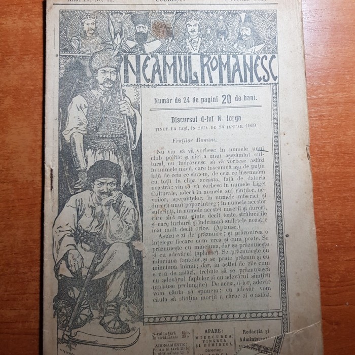 neamul romanesc 1 februarie 1909-discursul lui n.iorga de ziua unirii 24 ian.