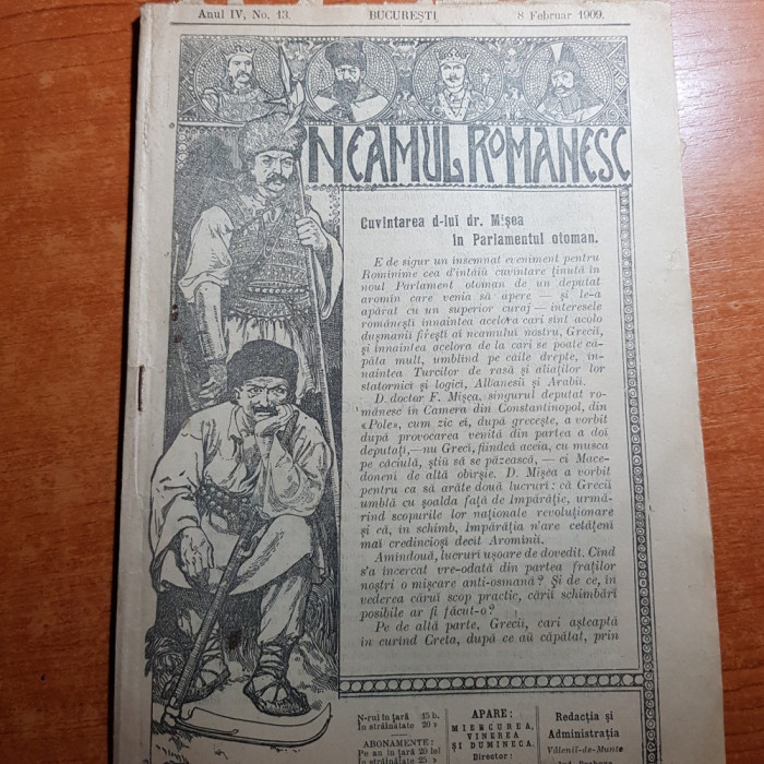 neamul romanesc 8 februarie 1909-cuvantarea d-lui misea in parlamentul otoman