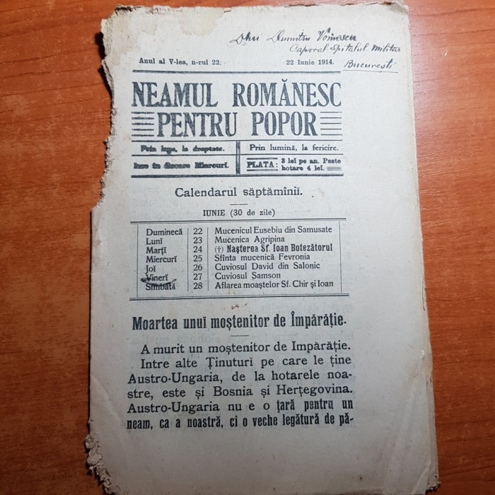 neamul romanesc pentru popor 22 iunie 1914-asasinarea lui franz ferdinad