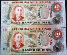 Lot/Set 2 Bancnote SERII CONSECUTIVE+ NECIRCULATE 10 PISO- FILIPINE, ND *cod 61 foto