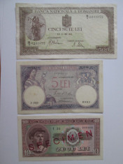 Lot 3 bancnote rare Romania:500 Lei 1943+10 lei 1952 Specimen+5 Lei 1929 foto