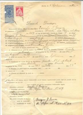 Z281 DOCUMENT VECHI -SCOALA COMERCIALA , BRAILA - ZAMFIR I. GRIGORE -AN 1925 foto