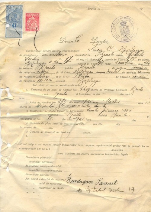 Z301 DOCUMENT VECHI -SCOALA COMERCIALA , BRAILA - TINCA C. BUZDUGAN -AN 1925