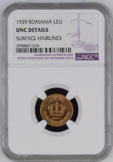 1 LEU 1939 UNC DETAILS GRADATA NGC foto