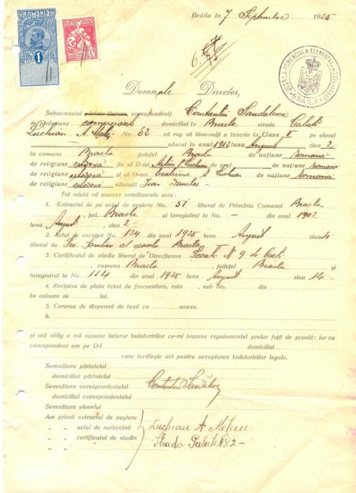 Z304 DOCUMENT VECHI -SCOALA COMERCIALA , BRAILA - CONSTANTIN SANDULESCU -AN 1925