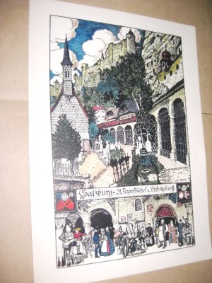 St. Petersfriedhof u. Stiftskeller Salzburg Austria gravura color veche carton foto