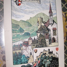 Castelul Hohen Salzburg Austria gravura color veche carton gros. Stare buna.