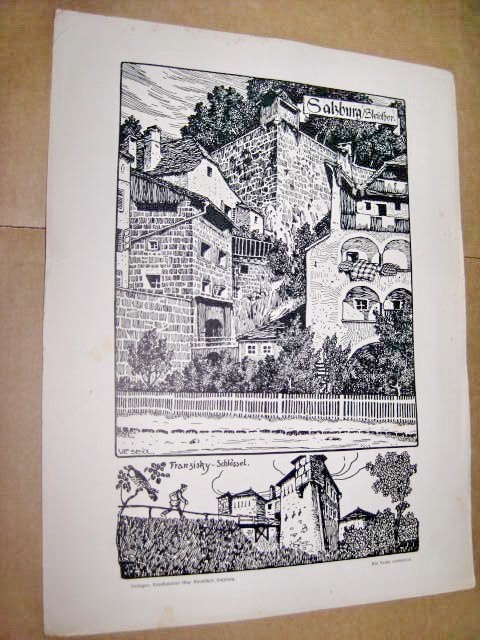 Castel Franzisky Salzburg Bleinhor gravura alb negru carton gros.