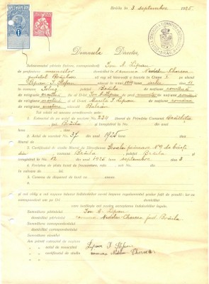 Z323 DOCUMENT VECHI -SCOALA COMERCIALA , BRAILA - ION A. LIPAN -AN 1925 foto