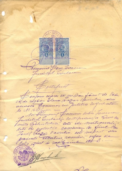 Z340 DOCUMENT VECHI-CERTIFICAT COMUNA ISACCEA JUD. TULCEA -VADUVA DE RAZBOI-1925