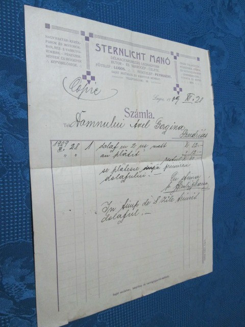 Act vechi Romania-Sternlicht Mano-Szamla Lugoj- Petrosani, 30_24 cm.