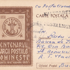 CENTENARUL MARCII POSTALE ROMANESTI,PC CIRCULAT CU POSTALIONUL,1958,ROMANIA.