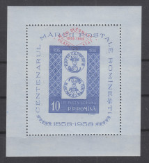 ROMANIA 1959 LP 472 -10 Ani Comert Filatelic de Stat colita MNH hartie azurata foto