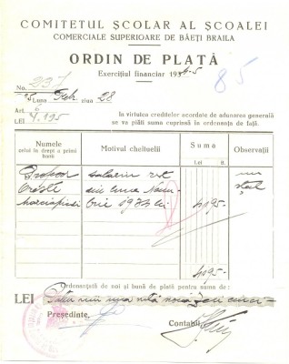 Z349 DOCUMENT VECHI -COMITETUL SCOLAR AL SCOALEI COMERCIALE SUPERIOARE -AN 1935 foto