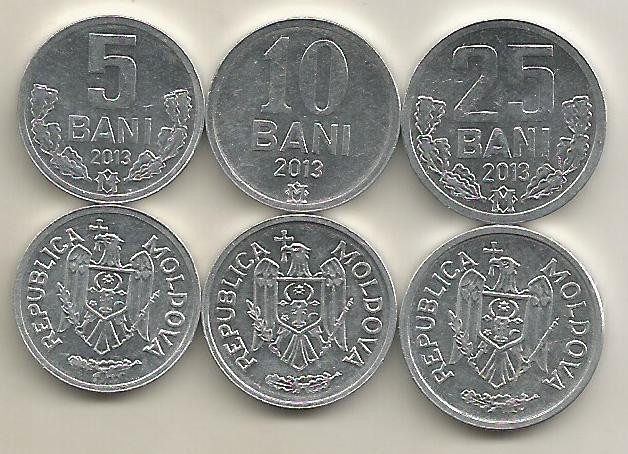 MOLDOVA SET / LOT ( 3 buc ) : 5 BANI + 10 BANI + 25 BANI 2013 , a UNC