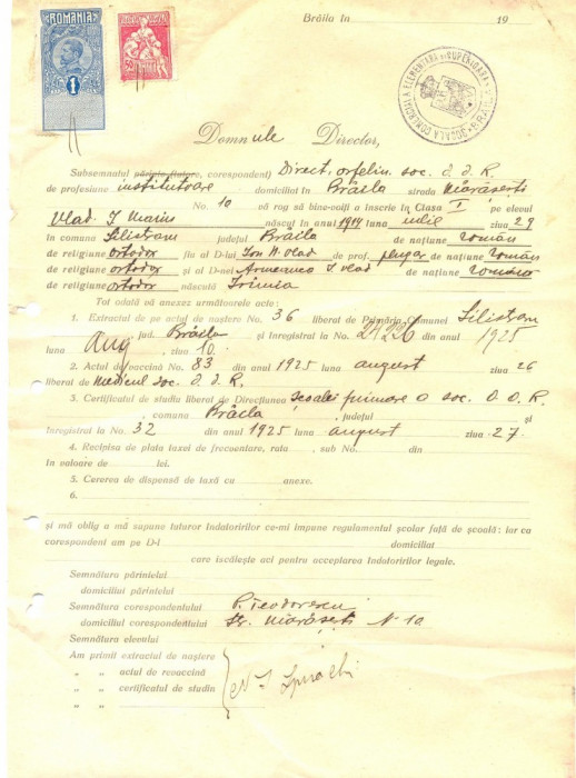 Z345 DOCUMENT VECHI -SCOALA COMERCIALA , BRAILA - DIRECTOR ORFELINAT -AN 1925