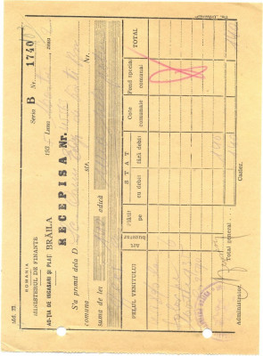 Z350 DOCUMENT VECHI -RECEPISA - SCOALA COMERCIALA DE BAIETI BRAILA -AN 1935 foto