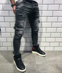 Blugi barbati conici slimfit rupti negri cu buzunare laterale elastici foto