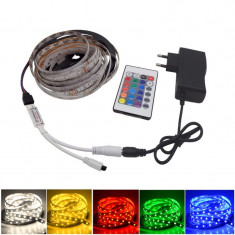 Band? cu LED-uri RGB Multicolor Stripe, 5 metri, Jocuri de Lumini, Telecomand? cu 24 Taste, Adaptor inclus foto