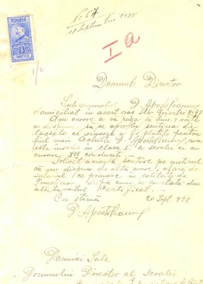 Z357 DOCUMENT VECHI-CERERE SCUTIRE TAXE SCOLARE ACHILLE D. APOSTOLEANU 1928 foto