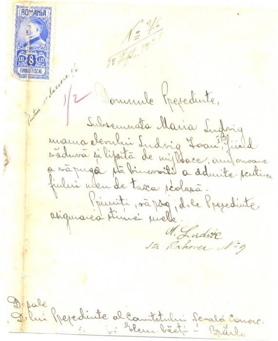 Z364 DOCUMENT VECHI-CERERE SCUTIRE TAXE POSTALE -ELEV LUDVIG IOAN -ANUL 1928