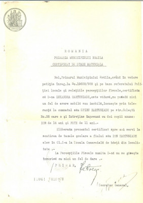 Z362 DOCUMENT VECHI-CERTIFICAT SCUTIRE TAXE POSTALE - ION HARTUNIADE -ANUL 1928 foto