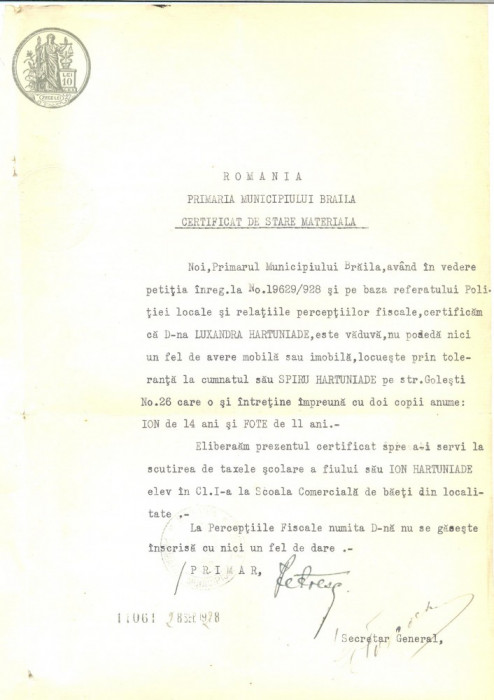 Z362 DOCUMENT VECHI-CERTIFICAT SCUTIRE TAXE POSTALE - ION HARTUNIADE -ANUL 1928