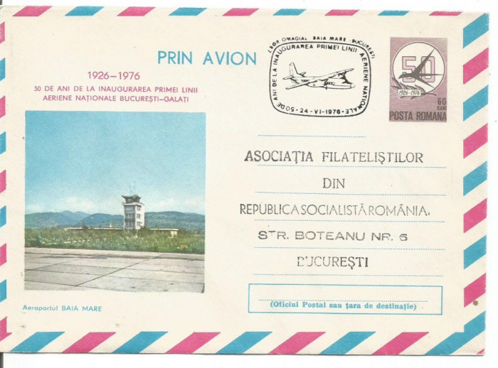 (No2) plic aerofilie- zbor omagial -BAIA MARE- BUCURESTI 1976