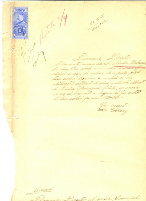 Z361 DOCUMENT VECHI-CERERE SCUTIRE TAXE SCOLARE PENTRU NICOLAE DOBRESCU-ANUL1928