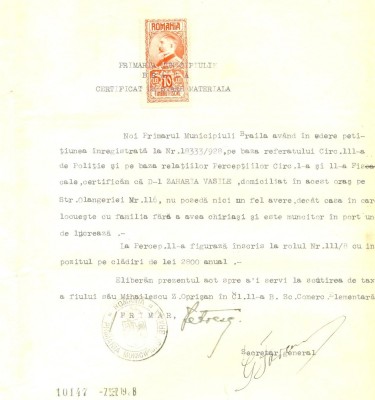 Z355 DOCUMENT VECHI-CERTIFICAT SCUTIRE TAXE SCOLARE MIHAILESCU Z. OPRISAN 1928 foto