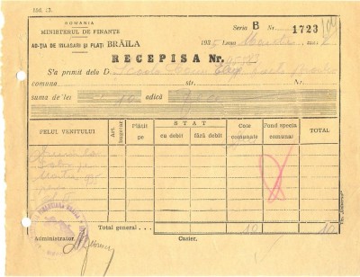 Z351 DOCUMENT VECHI -RECEPISA - SCOALA COMERCIALA DE BAIETI BRAILA -AN 1935 foto