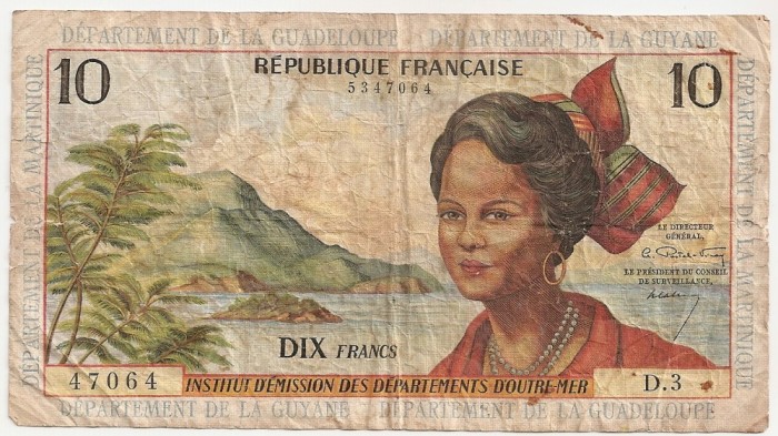 ANTILELE FRANCEZE Guiana, Guadeloupe, Martinique 10 FRANCI FRANCS 1964 U