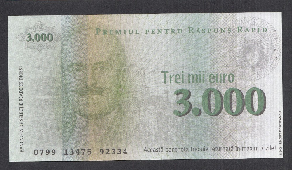 A4177 Bon 3000 Euro Readers Digest Unc Okazii Ro