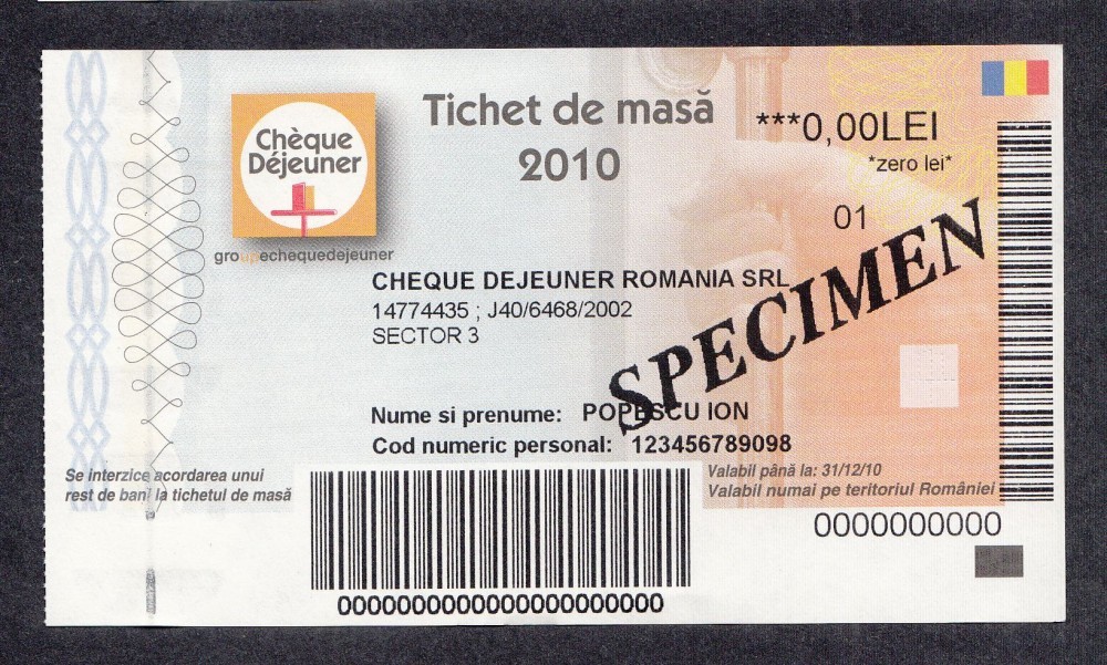 A4133 Bon Tichet De Masa Specimen Cheque Dejeuner 2010 Unc Okazii Ro