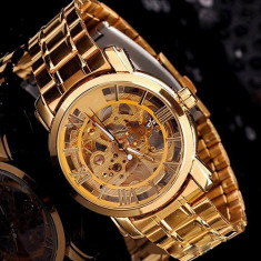 Ceas stil LUX casual semi automatic bratara metalica skeleton auriu gold foto