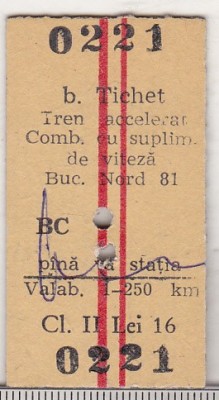 bnk div CFR - tren - tichet tren accelerat comb cu supliment viteza cl 2 1981 foto