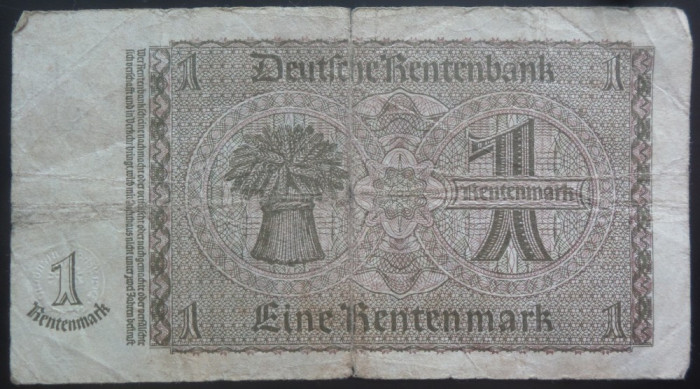 Bancnota ISTORICA 1 RENTENMARK - GERMANIA, anul 1937 *cod 377