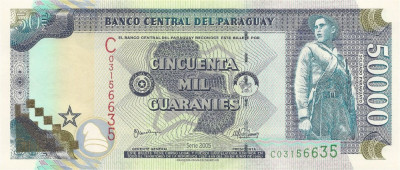 PARAGUAY █ bancnota █ 50000 Guaranies █ 2005 █ P-225A █ Serie C UNC necirculata foto