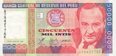 PERU ? bancnota ? 50000 Intis ? 1988 ? P-142 ? UNC ? necirculata foto