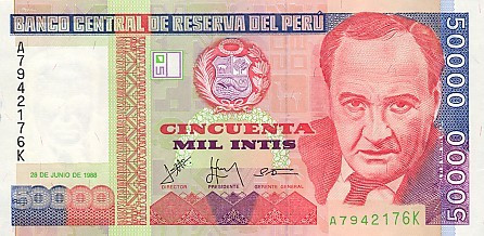 PERU █ bancnota █ 50000 Intis █ 1988 █ P-142 █ UNC █ necirculata