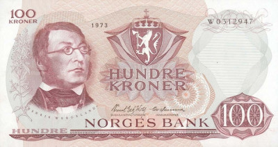 NORVEGIA █ bancnota █ 100 Kroner █ 1973 █ P-38g █ UNC █ necirculata foto