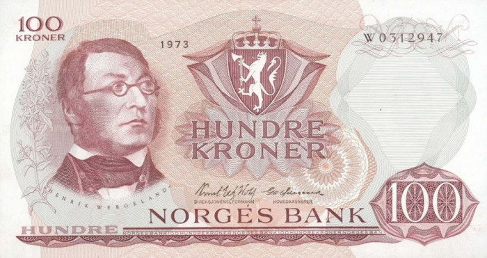 NORVEGIA █ bancnota █ 100 Kroner █ 1973 █ P-38g █ UNC █ necirculata