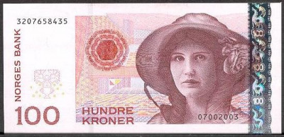 NORVEGIA █ bancnota █ 100 Kroner █ 2004 █ P-49b █ UNC █ necirculata foto