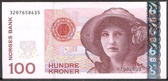 NORVEGIA █ bancnota █ 100 Kroner █ 2004 █ P-49b █ UNC █ necirculata