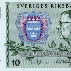 SUEDIA █ bancnota █ 10 Kronor █ 1972 █ P-52c █ UNC necirculata
