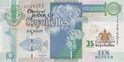 SEYCHELLES █ bancnota █ 10 Rupees █ 2013 █ P-46 █ COMEMORATIV █ UNC necirculata foto