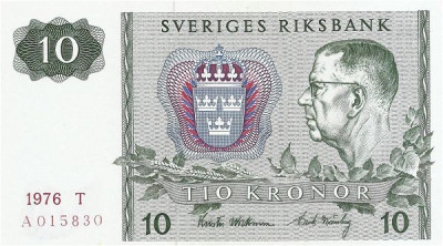 SUEDIA █ bancnota █ 10 Kronor █ 1976 █ P-52d █ UNC necirculata foto